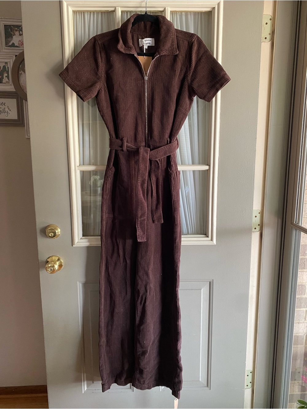 Reformation Cassidy Brown Corduroy Zip-Front Jumpsuit with Tie Belt